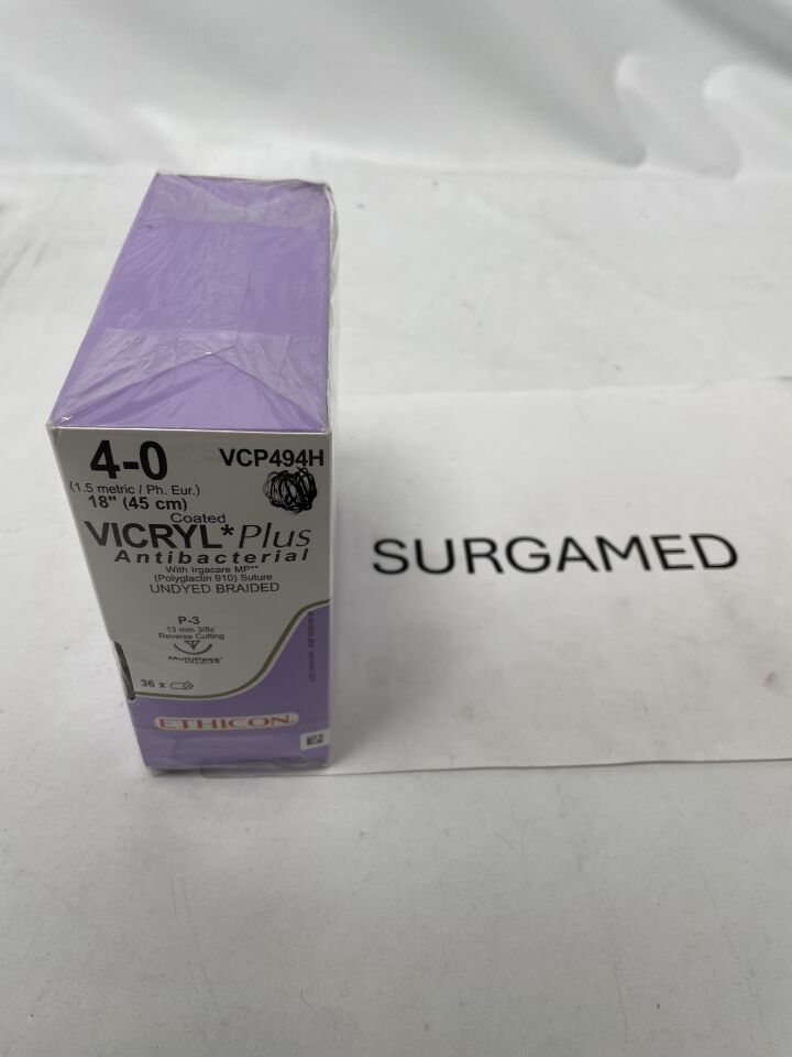 VCP494H - ETHICON - Coated Vicryl Plus Absorbable Braided Suture, Size 4-0, 18 in. Length, P-3 Needle, (BX/36)