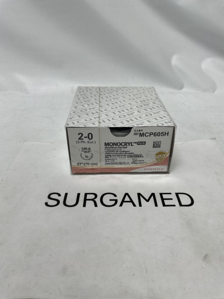 MCP605H - ETHICON - Monocryl Plus Absorbable Monofilament Suture, Size 2-0, 27 in. Length, UR-6 Needle, (BX/36)