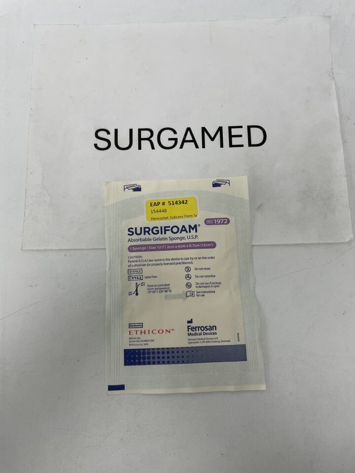 1972 - ETHICON - Surgifoam, Absorbable Gelatin Sponge, size 12-7, 2cm x 6cm x 0.7cm, (EA)