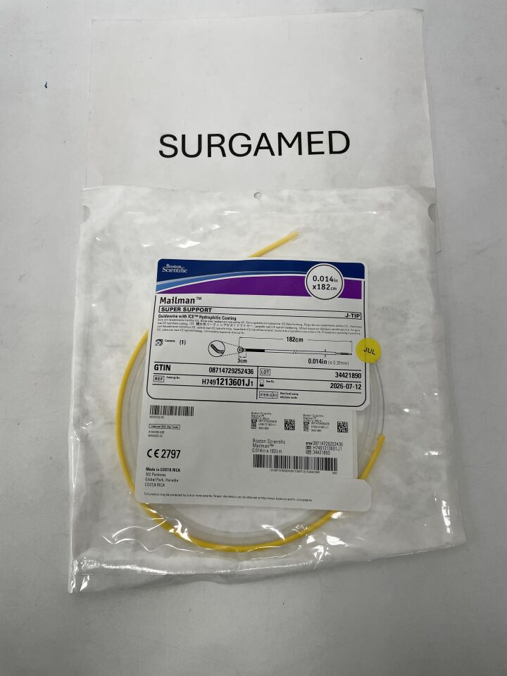 1213601J - BOSTON SCIENTIFIC - Mailman Super Support J-Tip Guidewire With ICE Hydrophilic Coating, 0.014in x 182cm, (EA)