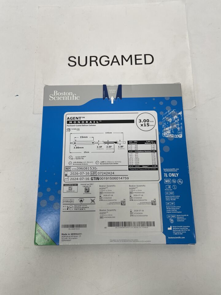 396081530 - BOSTON SCIENTIFIC - AGENT MONORAIL Paclitaxel-Coated Balloon Catheter - Monorail - 3.00mm x 15mm, (BX/1)