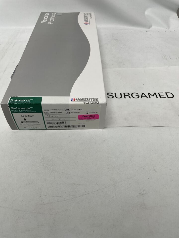 735032/8S - TERUMO - Vascutek Gelweave Ante-Flo, Long Offset, Vascular Graft - 32mm x 8mm, 50cm/15cm, (BX/1)