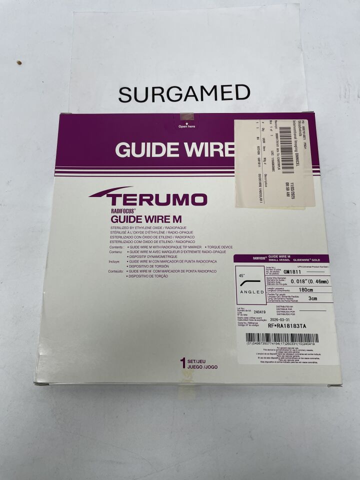 GM1811 - TERUMO - Radifocus Guide Wire M - Small Vessel Glidewire Gold - 45 Degree Angled - .018" x 180cm x 3cm, (BX/1)