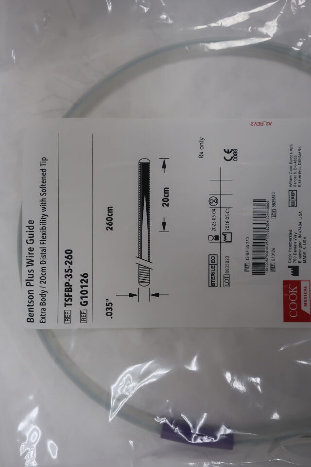 G10126 - COOK - Bentson Plus Wire Guide - Extra Body - 20cm Distal Flexibility with Softened Tip - TSFBP-35-260 - .035" x 260cm, (EA)