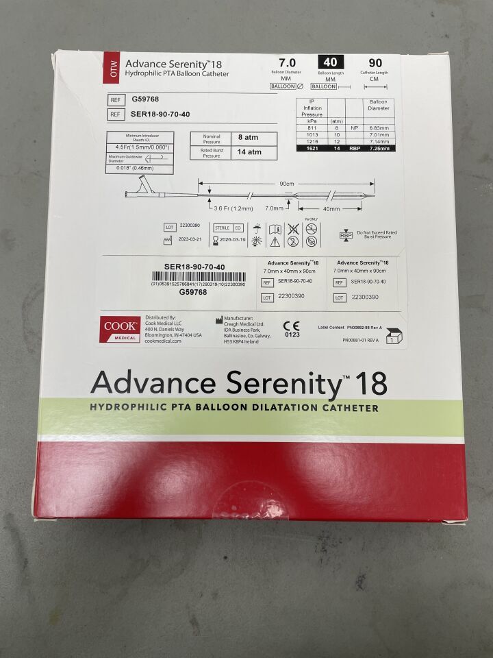 G59768 - COOK - Advance Serenity 18 Hydrophilic PTA Balloon Catheter - OTW- 7.0mm x 40mm x 90cm, (BX/1)