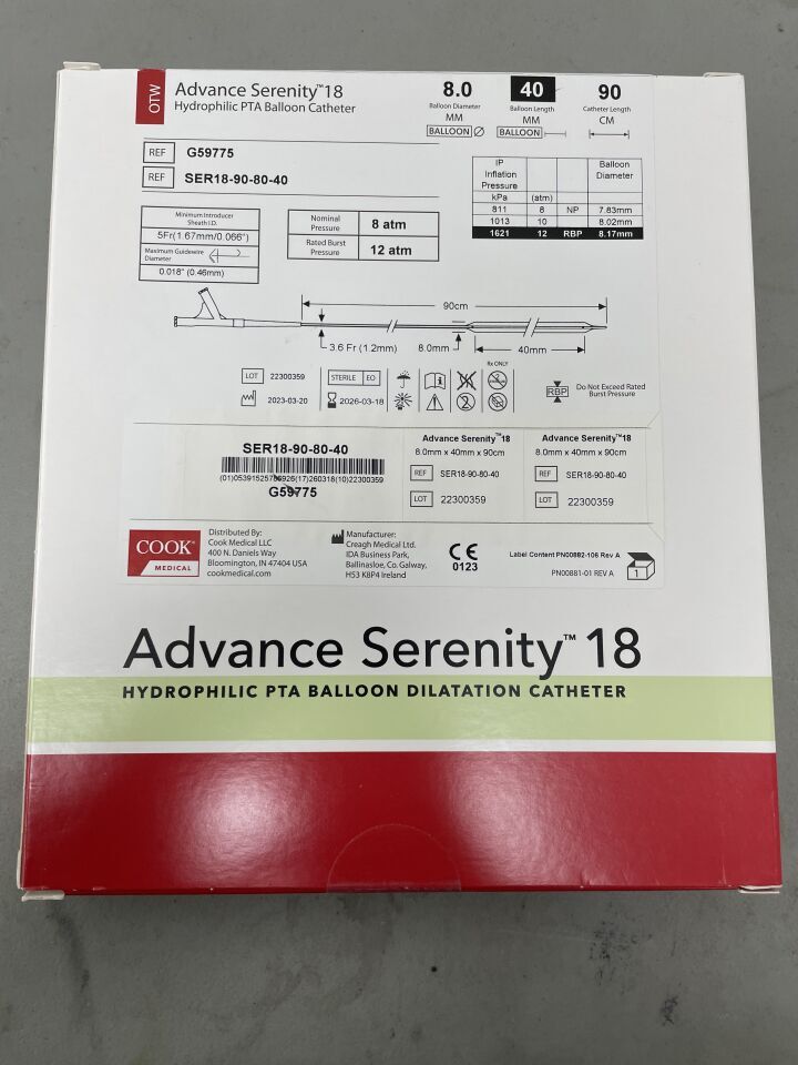 G59775 - COOK - Advance Serenity 18 Hydrophilic PTA Balloon Catheter - OTW- 8.0mm x 40mm x 90cm, (BX/1)