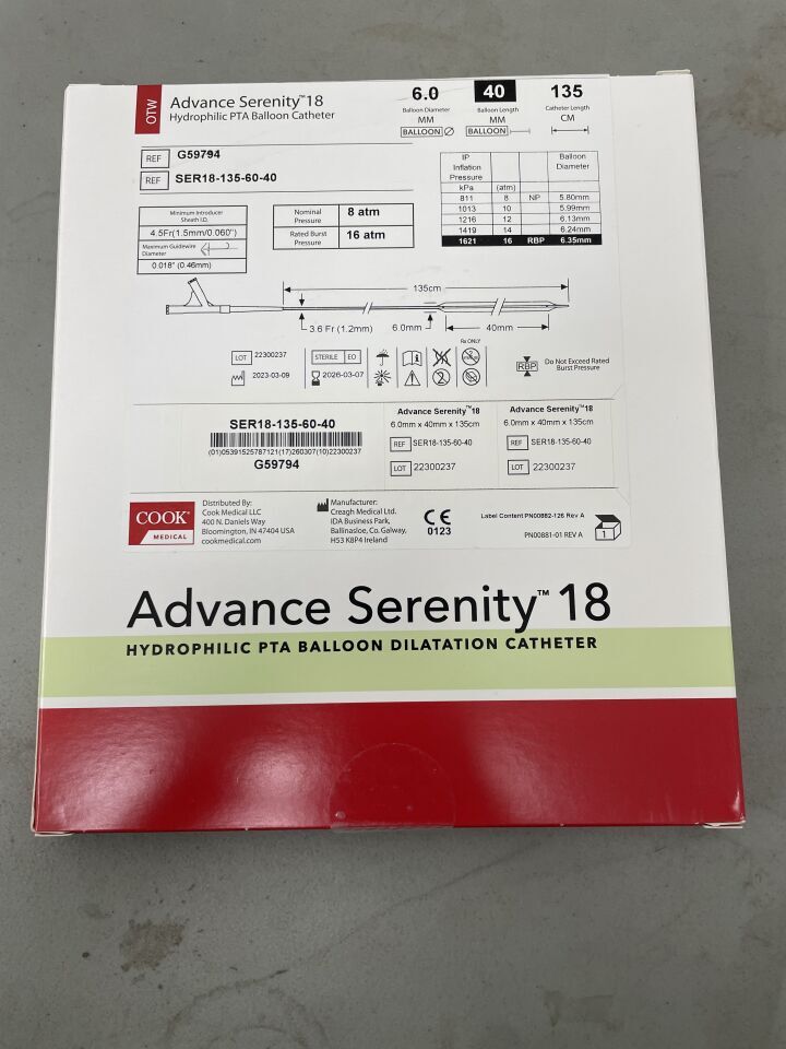 G59794 - COOK - Advance Serenity 18 Hydrophilic PTA Balloon Catheter - OTW- 6.0mm x 40mm x 135cm, (BX/1)