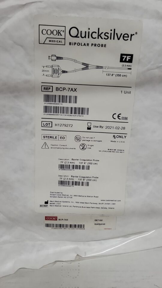 G57186 - COOK - Cook Quicksilver Bipolar Coagulation Probe 7F (2.3mm) 137.8in (350cm) - Lot H1279272 - BCP-7AX, (EA)