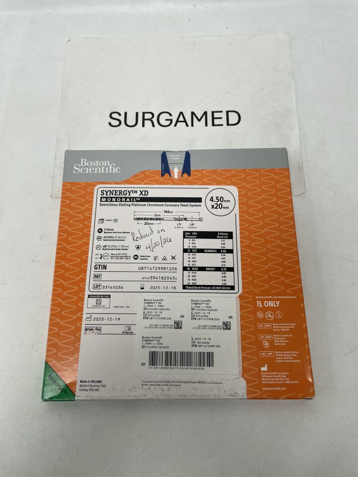 394182045 - BOSTON SCIENTIFIC - SYNERGY XD Everolimus-Eluting Platinum Chromium Coronary Stent System - Monorail - 4.50mm x 20mm, (BX/1)