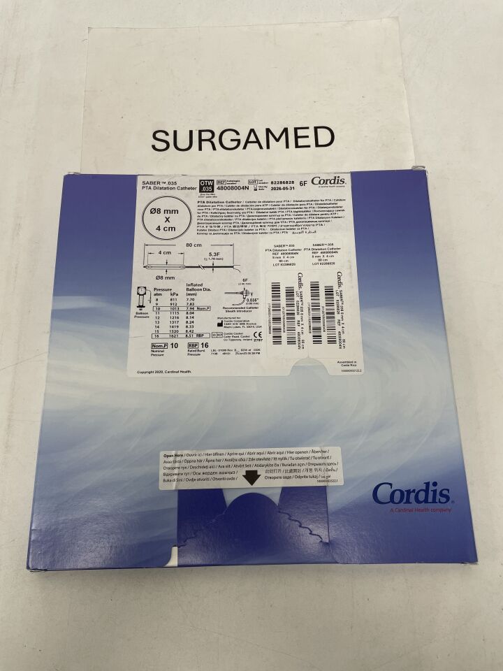 48008004N - CORDIS - SABER .035" OTW PTA Dilatation Catheter - 8mm x 4cm x 80cm, (BX/1)