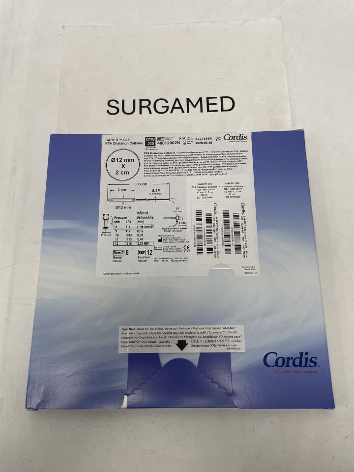 48012002N - CORDIS - SABER .035" OTW PTA Dilatation Catheter - 12mm x 2cm x 80cm, (BX/1)