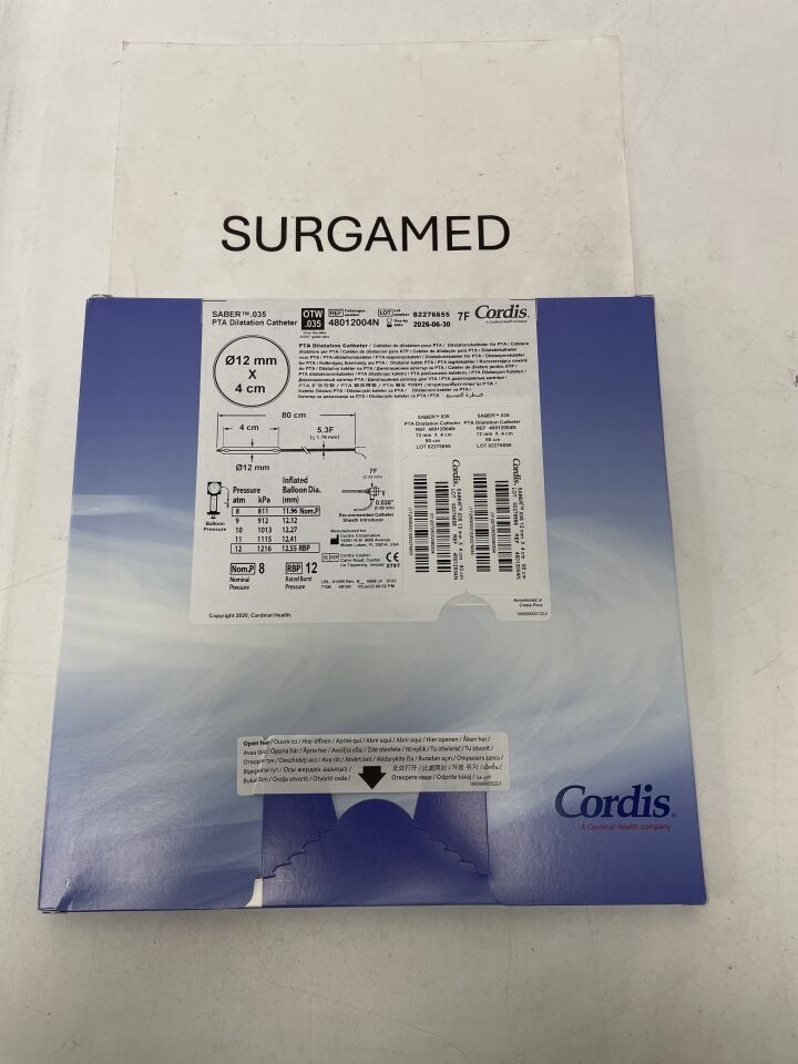 48012004N - CORDIS - SABER .035" OTW PTA Dilatation Catheter - 12mm x 4cm x 80cm, (BX/1)