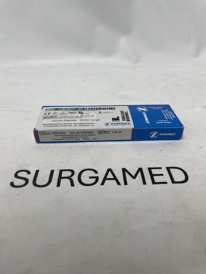 1152-30 - ZIMMER - Herbert/Whipple Bone Screw System, Cannualted bone screw, 3.0mm diameter, 30mm length, (BX/1)