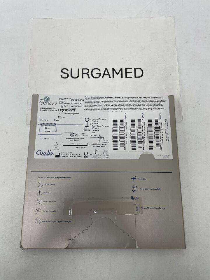 PG3980BPS - CORDIS - Palmaz Genesis Balloon-Expandable Biliary Stent System on OPTA Pro- 8mm x 40mm x 80mm, (BX/1)
