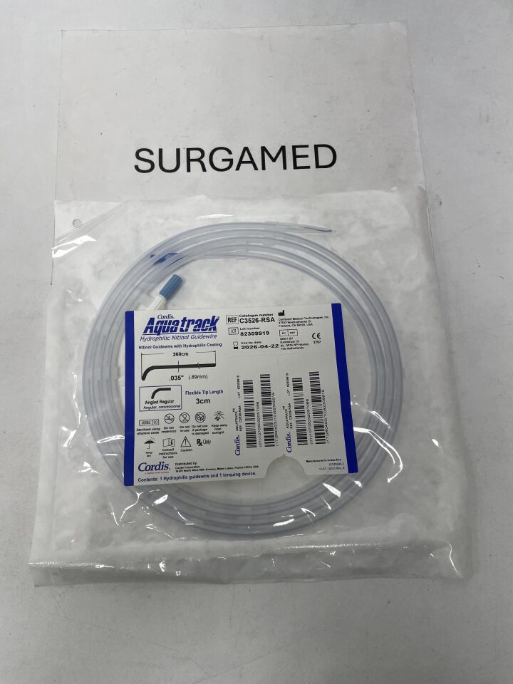 C3526RSA - CORDIS - Aquatrack Hydrophilic Nitinol Guidewire - Angled Regular - .035" x 260cm, (EA)