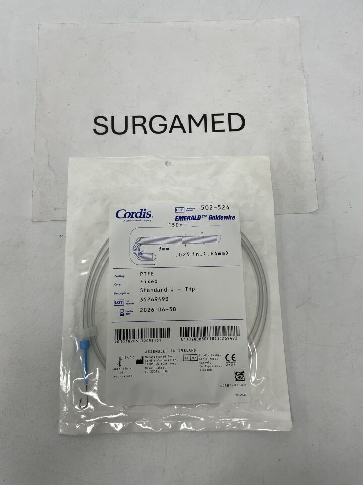 502-524 - CORDIS - Emerald Guidewire - Standard J-Tip - .025" x 3mm x 150cm, (EA)