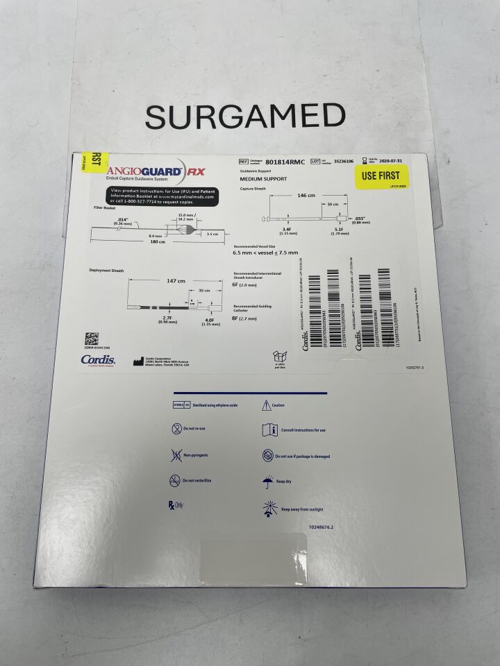 801814RMC - CORDIS - ANGIOGUARD RX Emboli Capture Guidewire System - Medium Support - 8.0mm x .014" x 180cm, (BX/1)