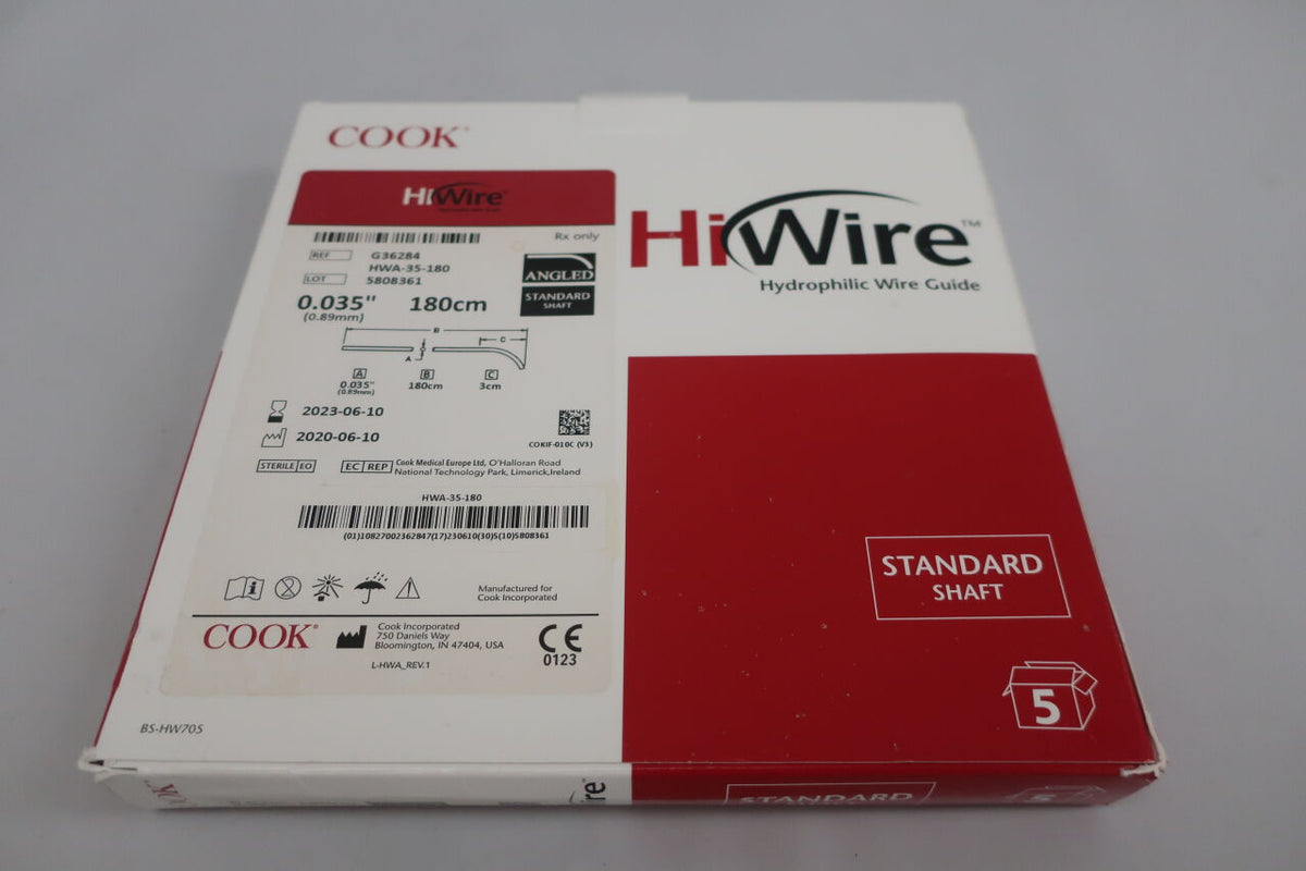 G36284 - COOK - HiWire Nitinol Core Hydrophilic Wire Guide - Angled/Standard Shaft - 3cm Flexible Tip - HWA-35-180 - .035" x 180cm, (BX/5)