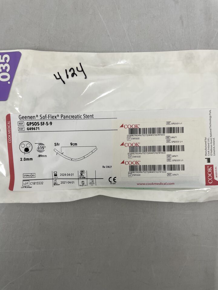 G49671 - COOK - Geenen Sof-Flex Pancreatic Stent, No Flap 5F x 9cm, (EA)