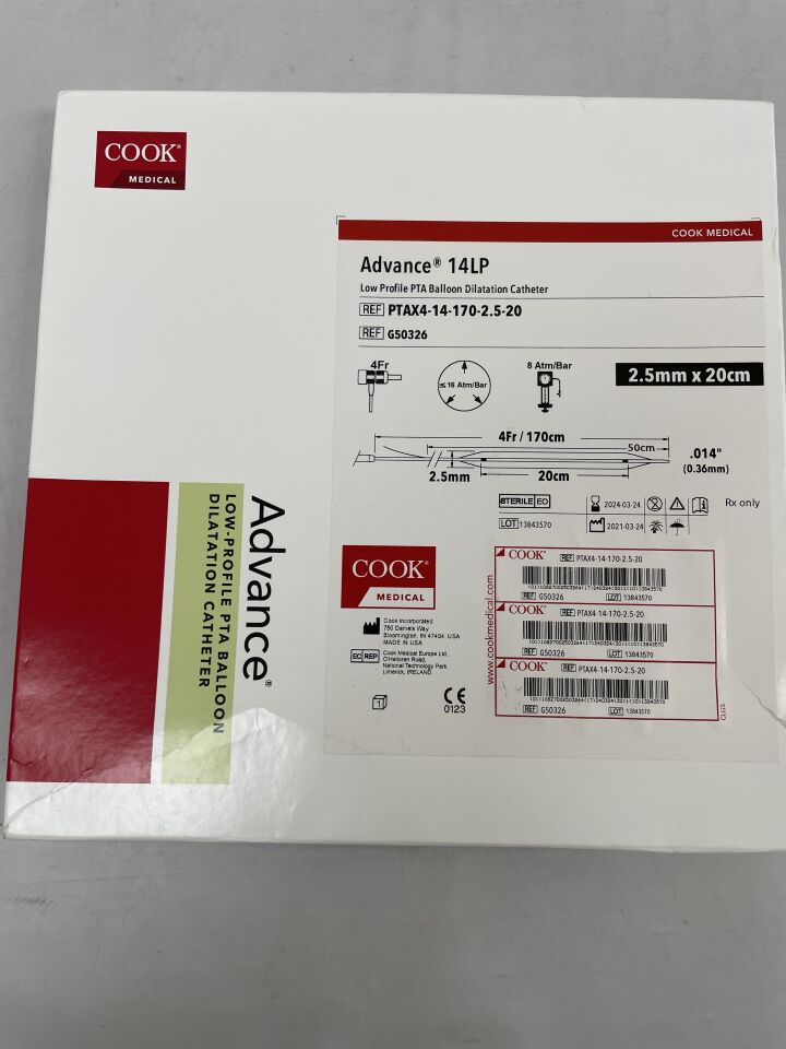 G50326 - COOK - LOW PROFILE PTA BALLOON DILATATION CATHETER: 2.5mm X 20cm X 170cm, (BX/1)