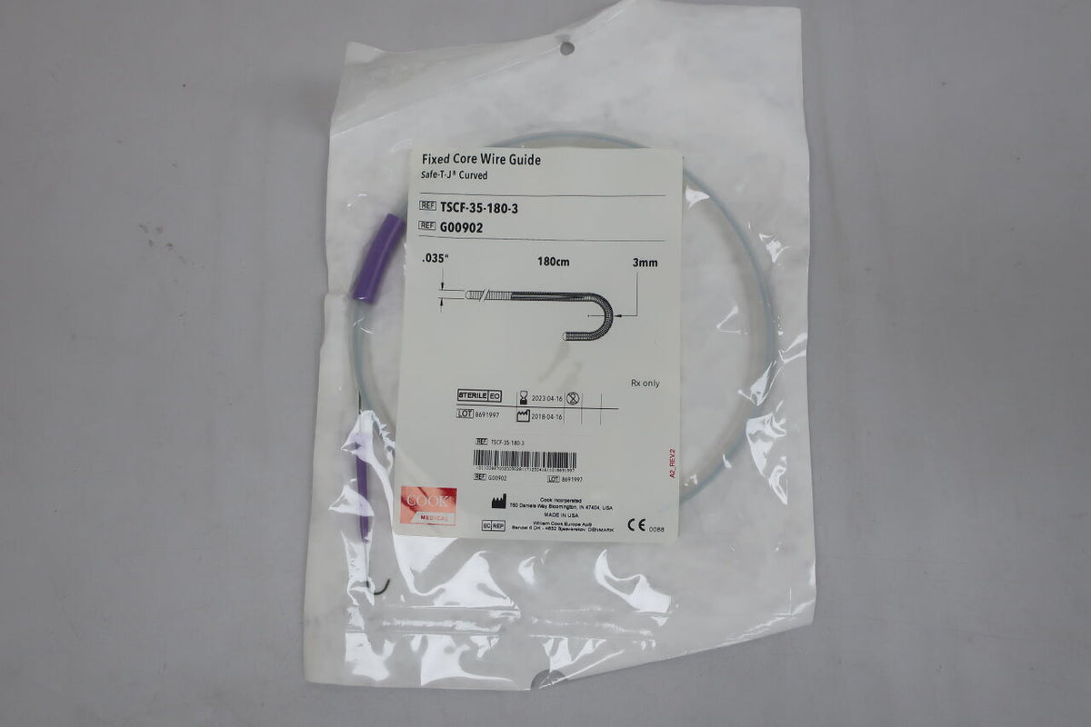 G00902 - COOK - Fixed Core Wire Guide Safe-T-J, Curved Peripheral Vascular 0.35"x180Cx3MM, (EA)