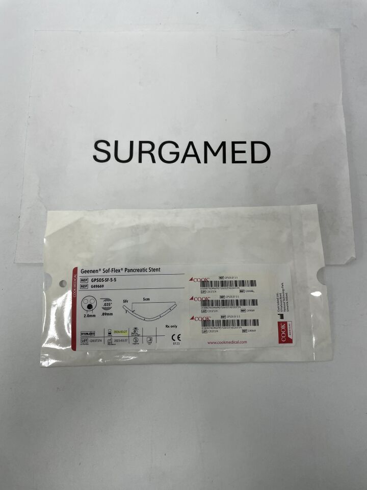 G49669 - COOK - Geenen Sof-Flex Pancreatic Stent, No Flap 5F x 5cm, (EA)