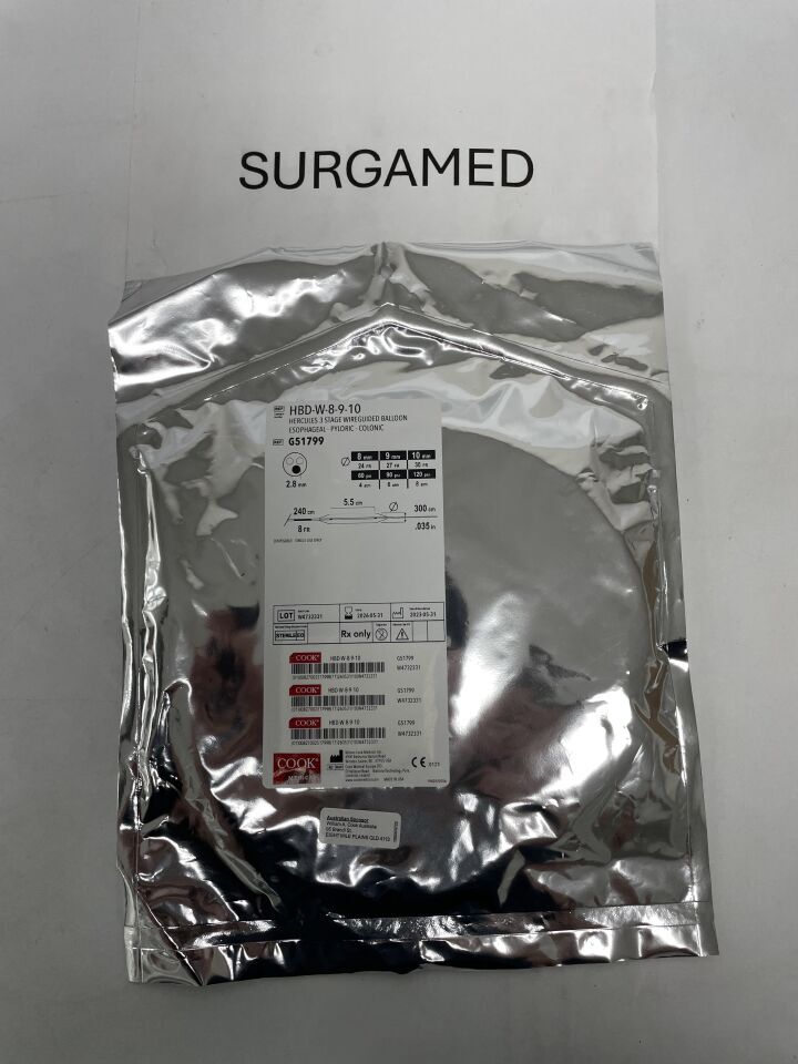 G51799 - COOK - Hercules 3 Stage Wireguided Balloon - Esophageal/Pyloric/Colonic - 8Fr x 8/9/10mm, (EA)