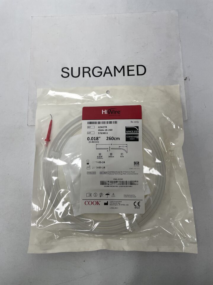 G36278 - COOK - HiWire Nitinol Core Hydrophilic Wire Guide - Angled/Standard Shaft - 3cm Flexible Tip - .018" x 260cm, (EA)