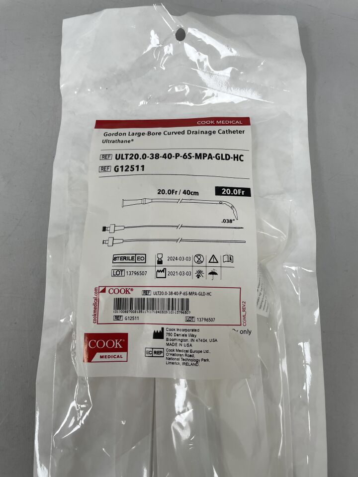 G12511 - COOK - Gordon Large-Bore Curved Drainage Catheter 20F x 40cm, (EA)