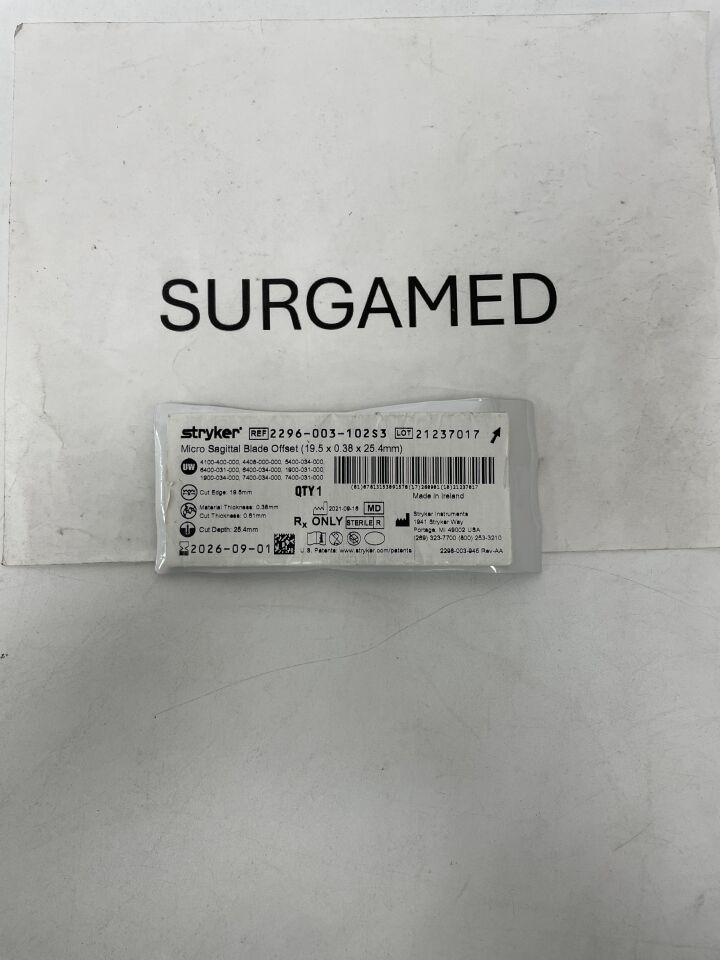2296-003-102S3 - STRYKER - Micro Sagittal Blade Offset 19.5mm x 0.38mm x 25.4mm, (EA)
