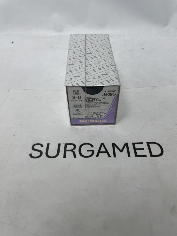J409G - ETHICON - Coated Vicryl Absorbable Braided Polyglactin 910 Suture, Size 8-0, 9 in. Length, V130-5 Needle, (BX/12)