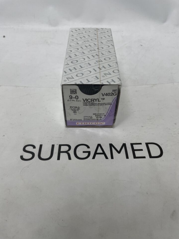 V402G - ETHICON - Vicryl Absorbable Monofilament Polyglactin 910 Suture, Size 9-0, 5 in. Length, BV100-3 Needle, (BX/12)