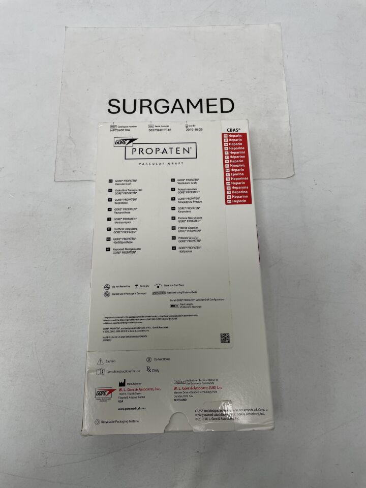 HPT040010A - GORE - PROPATEN Vascular Graft Configured for Pediatric Shunt - Thin Wall - HEPARIN - 4mm x 10cm, (BX/1)