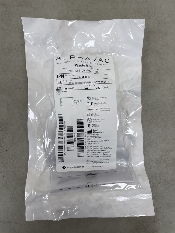 H787253010-WB - ANGIO DYNAMICS - AlphaVac Multipurpose Mechanical Aspiration, Waste Bag (WASTE BAG ONLY), (EA)