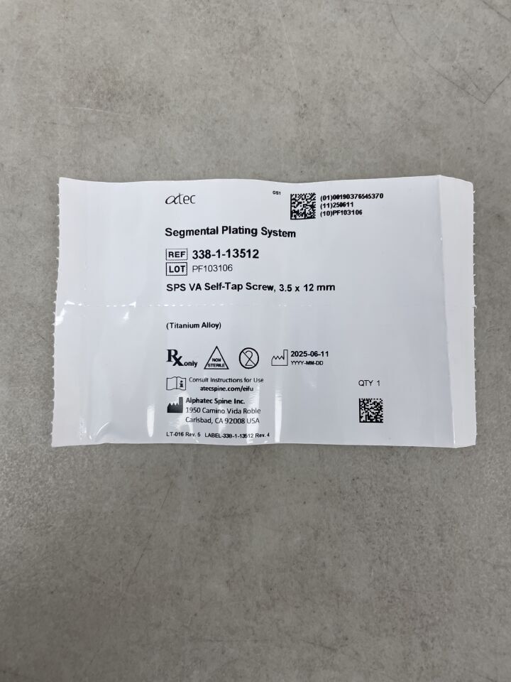 338-1-13512 - ATEC SPINE - Segmental Plating System SPS VA Self-Tap Screw, 3.5 x 12mm, (EA)