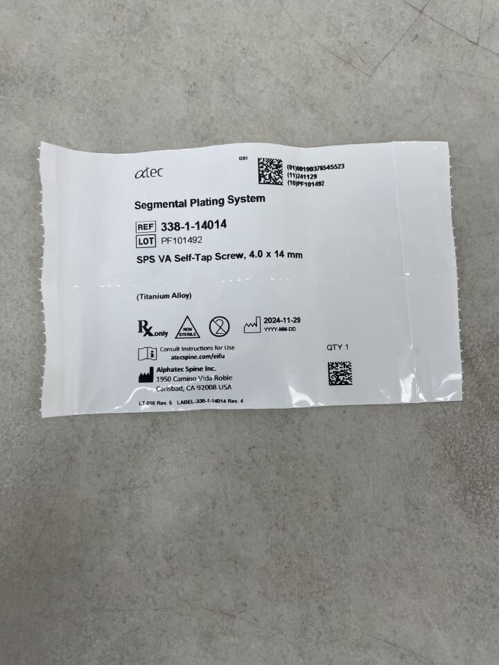 338-1-14014 - ATEC SPINE - Segmental Plating System, SPS VA Self-Tap Screw, 4 x 14mm, (EA)