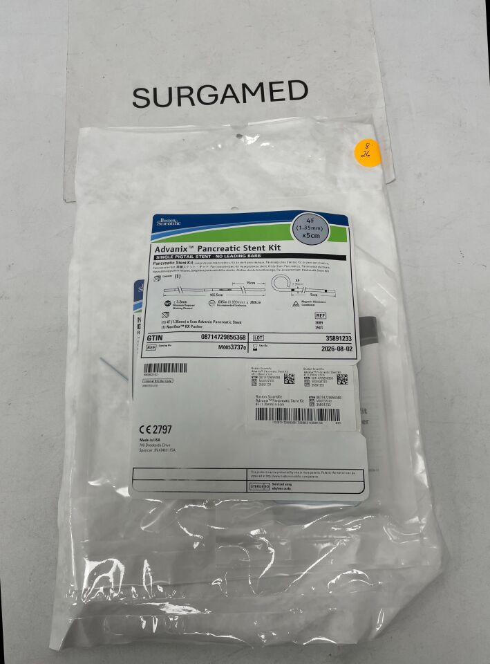 3737 - BOSTON SCIENTIFIC - Advanix Pancreatic Stent Kit - Single Pigtail/No Leading Barb - 4Fr x 5cm, (EA)