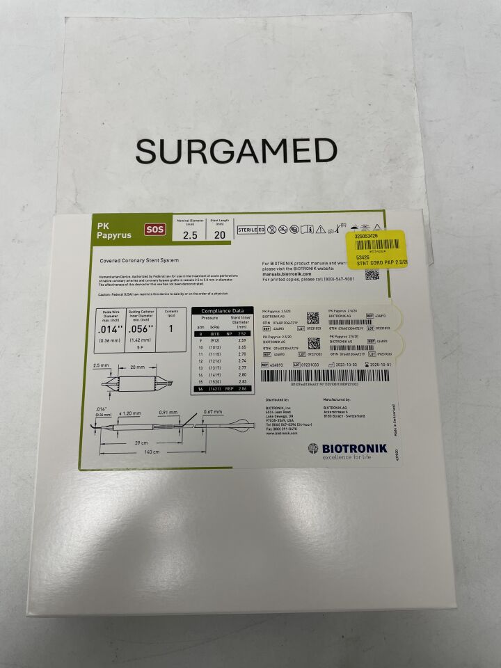 434893 - BIOTRONIK - PK Papyrus Covered Coronary Stent System - SOS - 2.5mm x 20mm x 140cm, (BX/1)