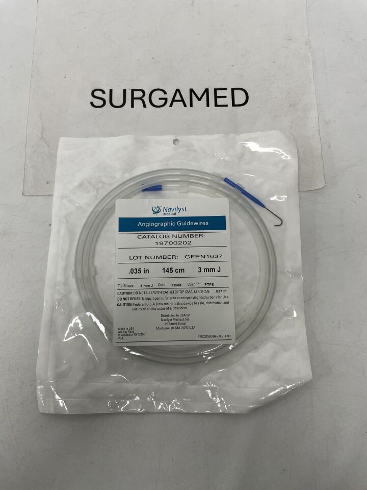 19700202 - NAVILYST MEDICAL - Angiographic Guidewire - PTFE - J-Tip - .035'' x 145 cm x 3mm, (EA)