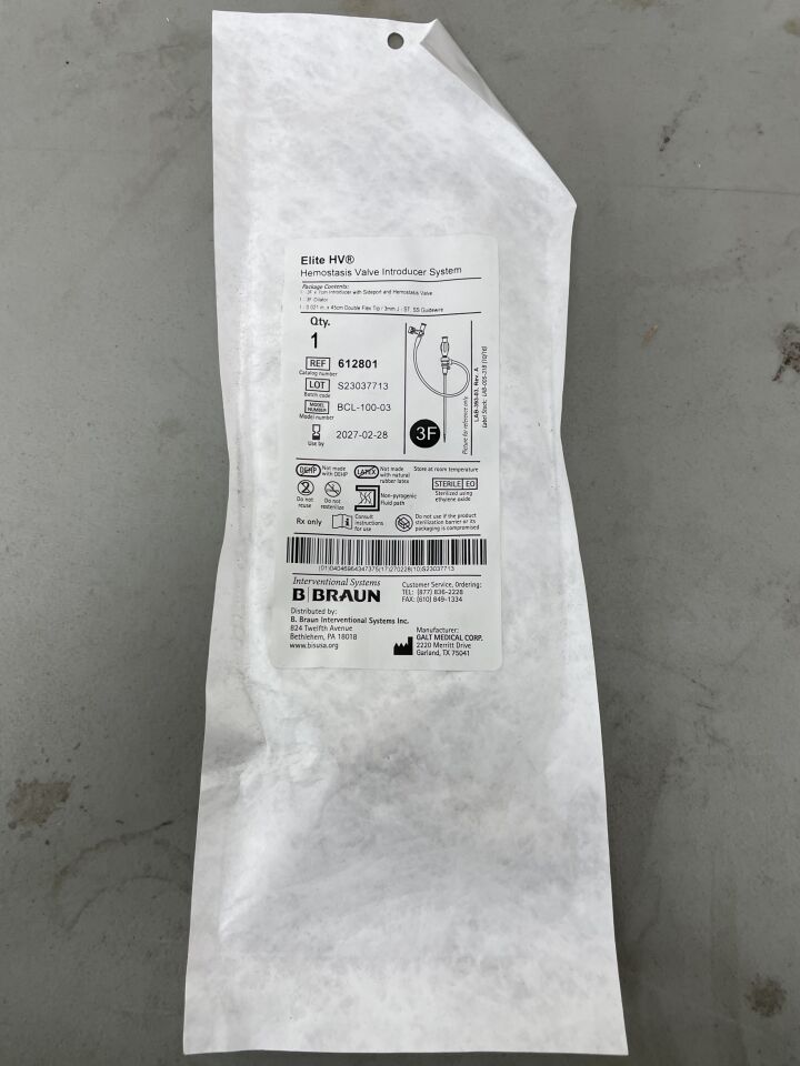 612801 - B BRAUN - Elite HV Hemostasis Valve Introducer System w/o Marker, 3F x 7cm, (EA)