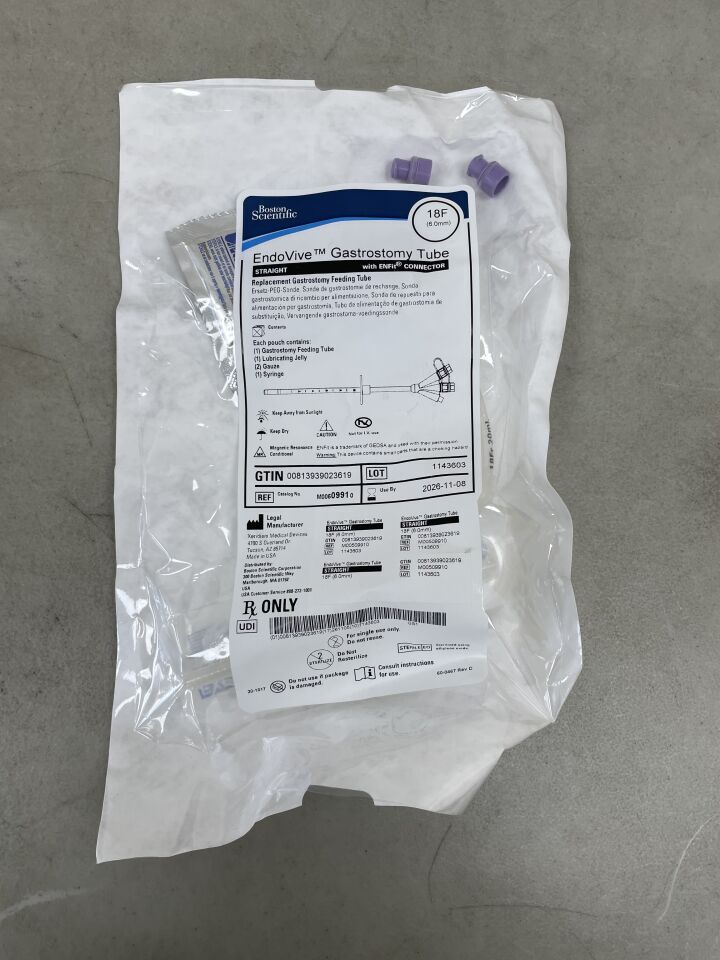 0991 - BOSTON SCIENTIFIC - EndoVive Gastrostomy Tube, Straight, with ENFit Connector, 18FR | Full catalog ref: M00509910 | Short ref: 991, (EA)