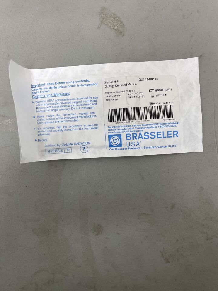 16-D0132 - BRASSELER - Standard Bur Otology Diamond Medium, 3 x 3mm, (EA)