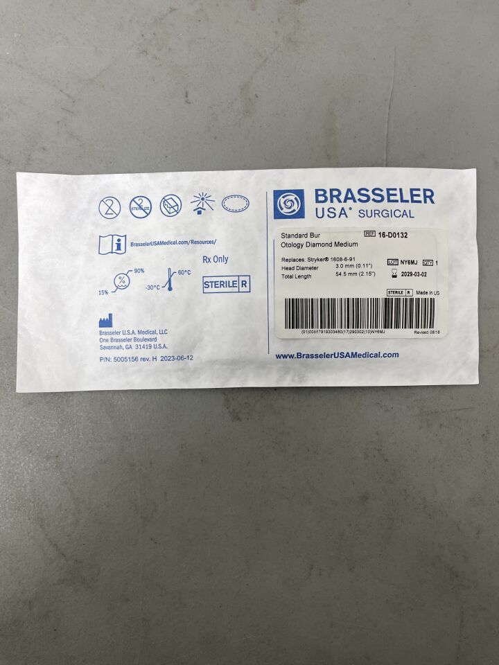 16-D0132 - BRASSELER - Standard Bur Otology Diamond Medium, 3 x 3mm, (EA)