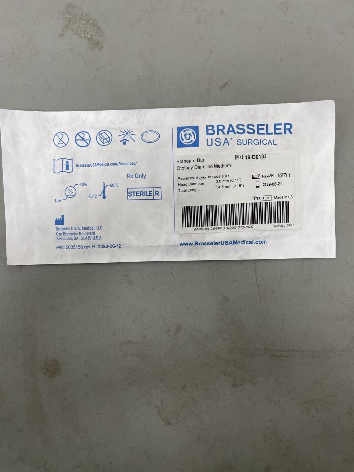 16-D0132 - BRASSELER - Standard Bur Otology Diamond Medium, 3 x 3mm, (EA)