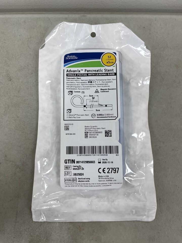 3713 - BOSTON SCIENTIFIC - Advanix Pancreatic Stent - Single Pigtail with Leading Barb - 5Fr x 5cm | Full catalog ref: M00537130 | Short ref: 3713, (EA)