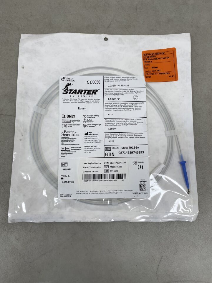 49156 - BOSTON SCIENTIFIC - Starter Guidewire Rosen .035", 1.5mm J, 4cm, 180cm | Full catalog ref: M001491560 | Short ref: 49156, (EA)