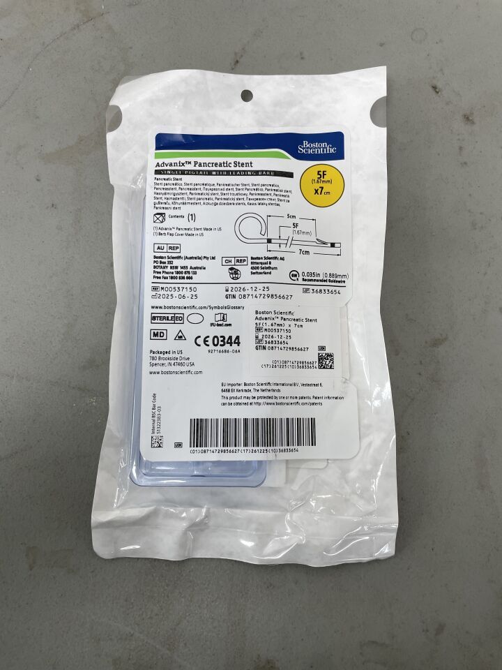 3715 - BOSTON SCIENTIFIC - Advanix Pancreatic Stent - Single Pigtail with Leading Barb - 5Fr x 7cm | Full catalog ref: M00537150 | Short ref: 3715, (EA)