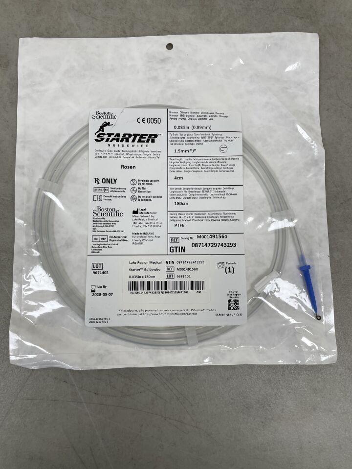 49156 - BOSTON SCIENTIFIC - Starter Guidewire Rosen .035", 1.5mm J, 4cm, 180cm | Full catalog ref: M001491560 | Short ref: 49156, (EA)