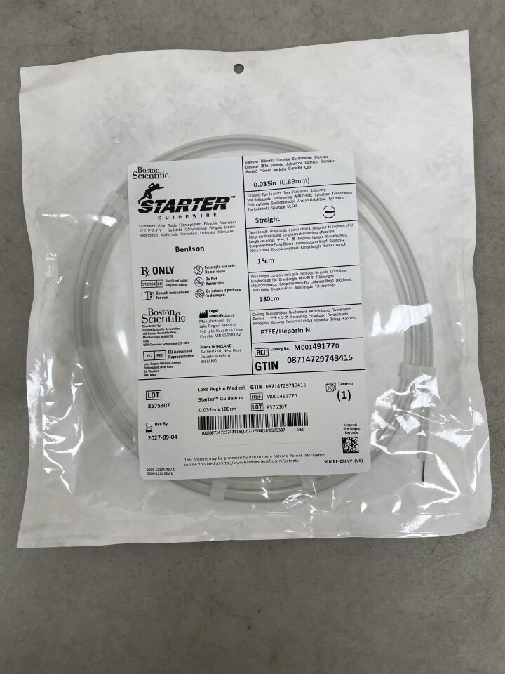 49177 - BOSTON SCIENTIFIC - Starter Guidewire Bentson .035", Straight, 15cm, 180cm, PTFE Heparin | Full catalog ref: M001491770 | Short ref: 49177, (EA)