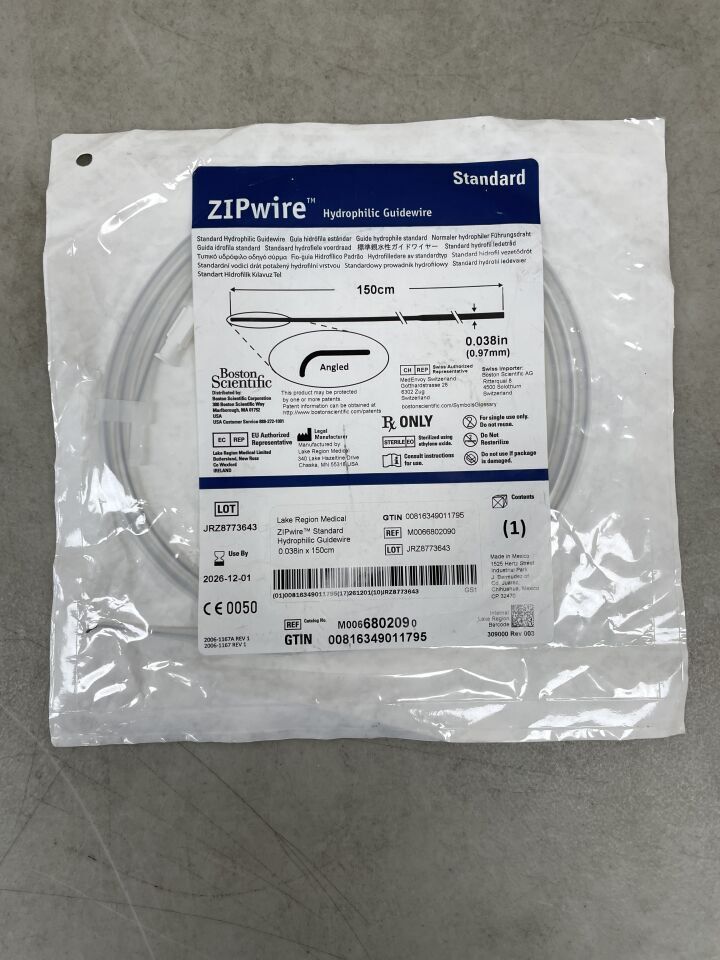 680209 - BOSTON SCIENTIFIC - ZIPWIRE HYDROPHILIC GUIDEWIRE, STANDARD SHAFT, ANGLED TIP, 0.038IN X 150CM | Full catalog ref: M0066802090 | Short ref: 680209, (EA)